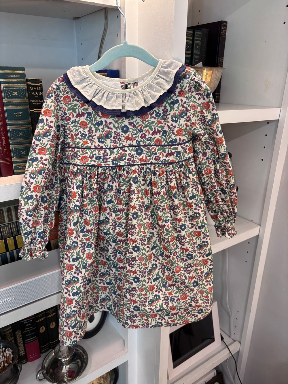 Girls' Floral Ruffle-Collar Long-Sleeve Dress - White/Multi